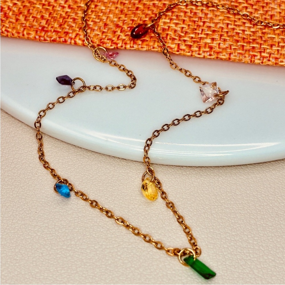 Multicolor CZ Charms Dainty Chain Necklace